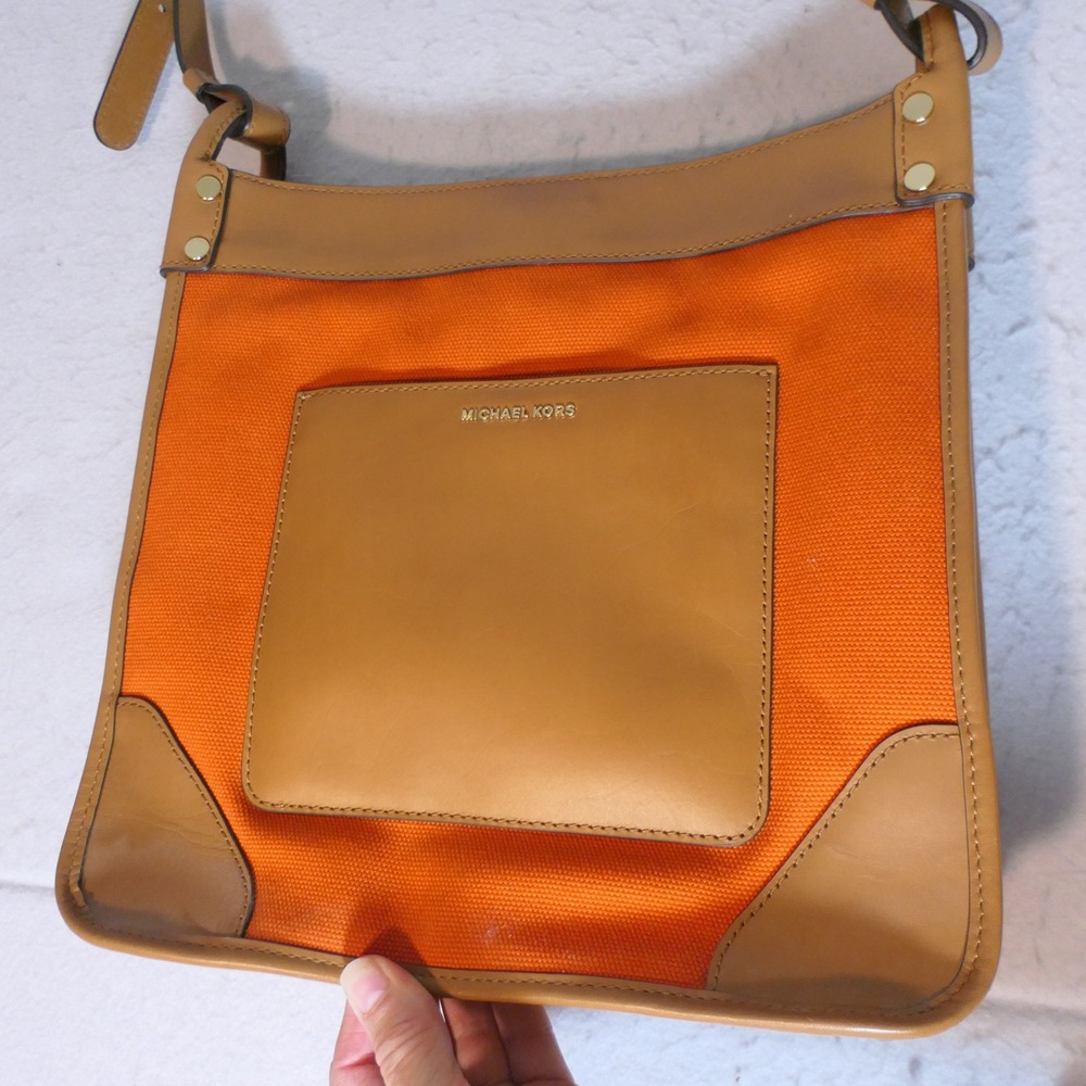 Michael Kors Womens Sullivan Messenger Bag L Tangerine Tan Canvas Leather Bold - Picture 9 of 16